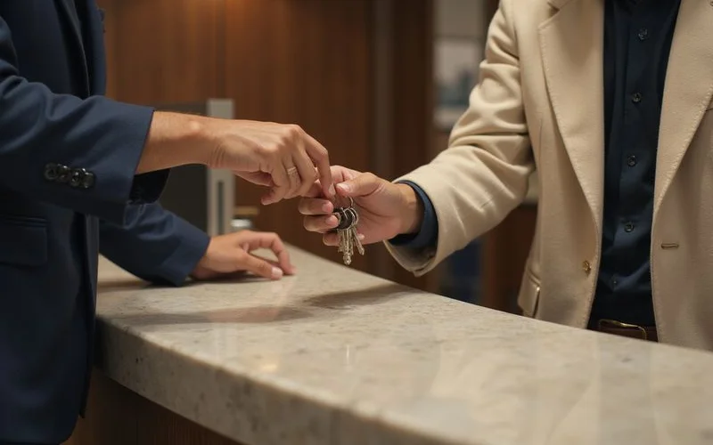 Keys handed over in a high rise lobby