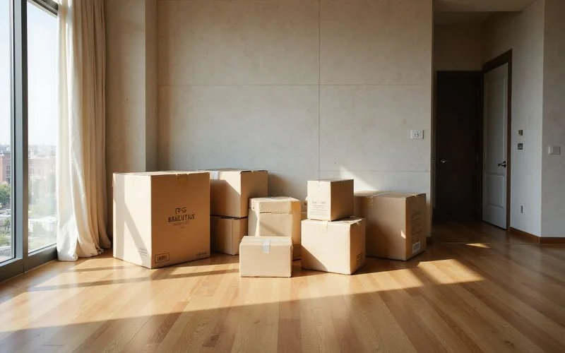 Bright unfurnished unit with moving boxes