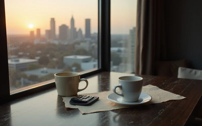 Calculator and coffee on a dark wood desk by a skyline window