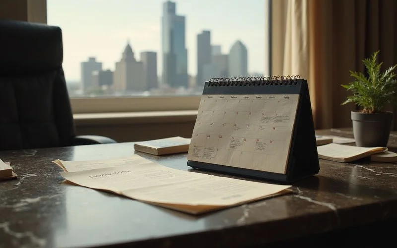 Calendar and lease on a dark wood desk by a skyline window