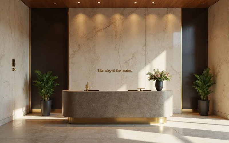 Concierge desk in a Maple Avenue luxury tower lobby with brushed brass and stone finishes