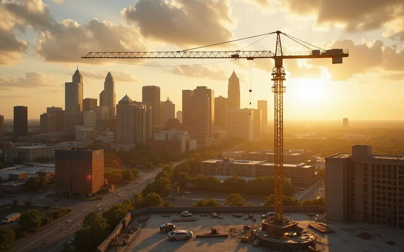 Tower crane at a construction site with the Downtown skyline behind