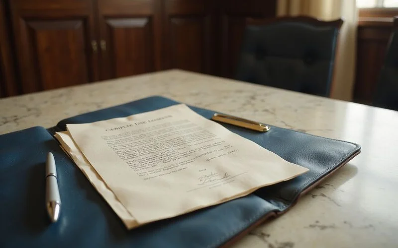 Corporate lease pages on a navy leather folio