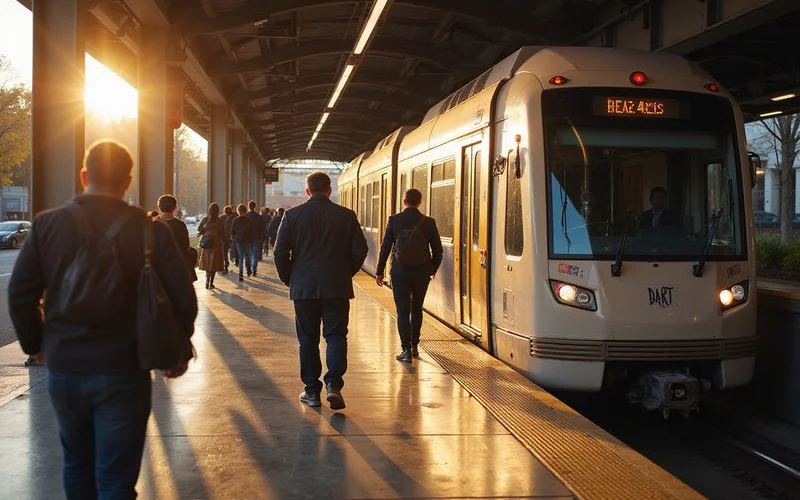 DART train at an urban station in warm evening light