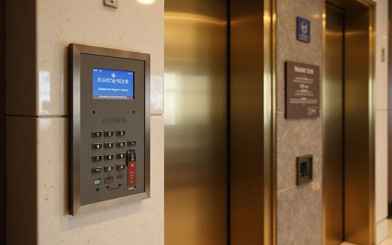Destination dispatch keypad and brass elevator doors in a new tower lobby