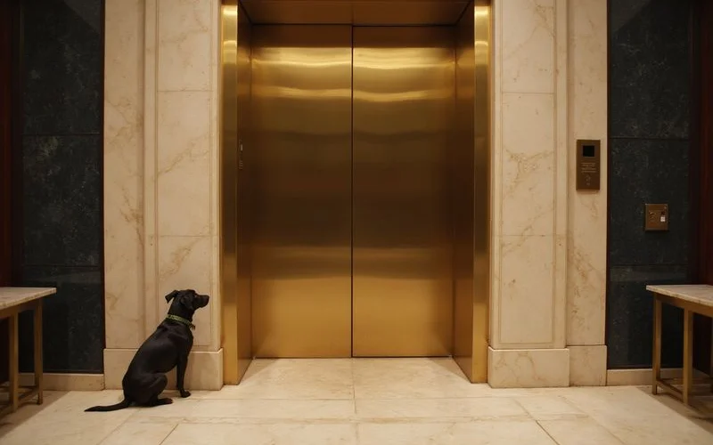 Dog waiting by a brass elevator in a lobby