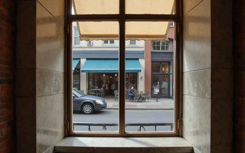 Downtown loft window overlooking the city street below