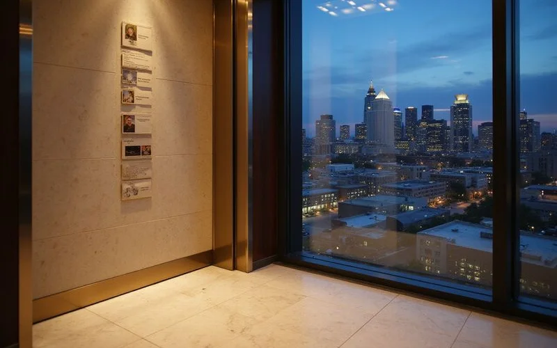 Elevator floor panel beside a window view of the Dallas skyline at dusk