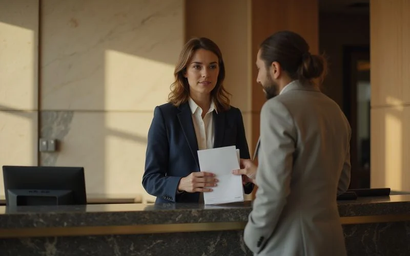 Employee receiving keys at a high rise front desk