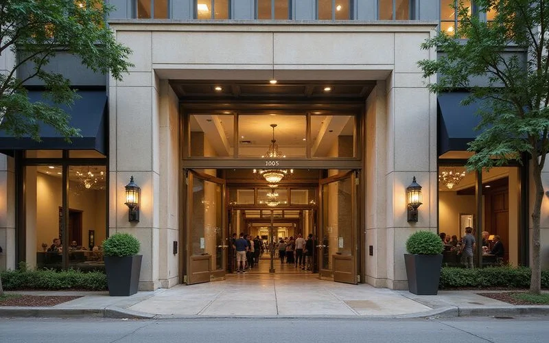 Established Uptown tower with mature landscaping