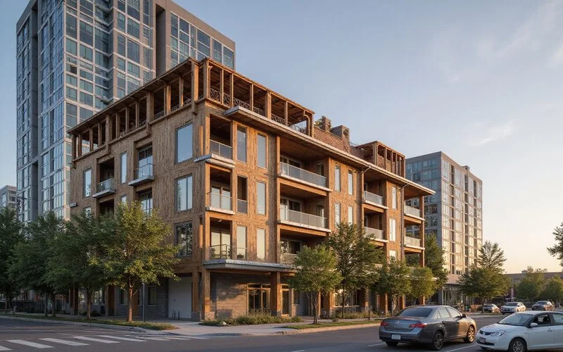 Wood-frame mid rise under construction next to a concrete tower