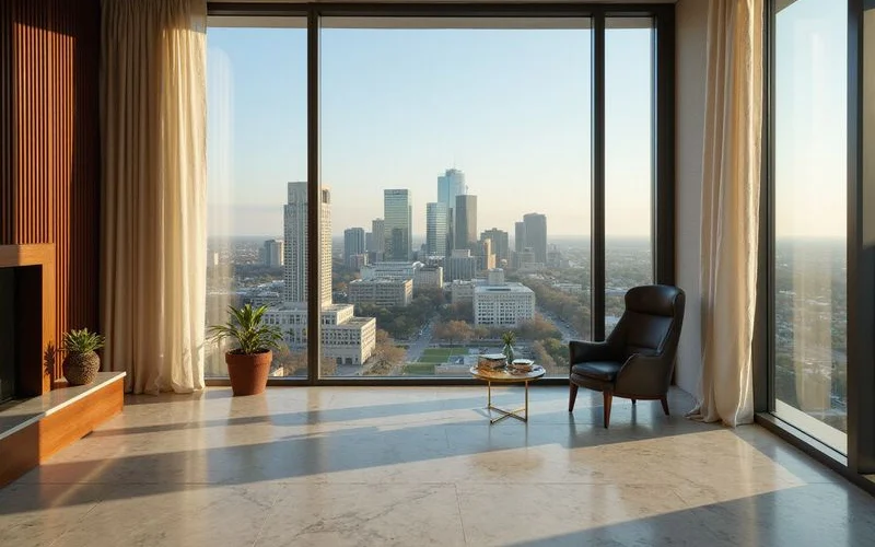 Floor-to-ceiling low-E glass on an upper floor with the Dallas skyline