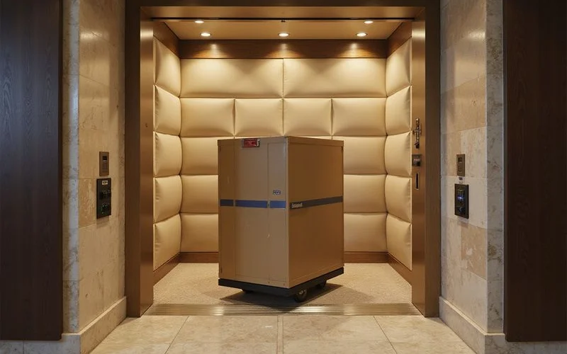 Padded freight elevator and moving dolly in a high rise loading area