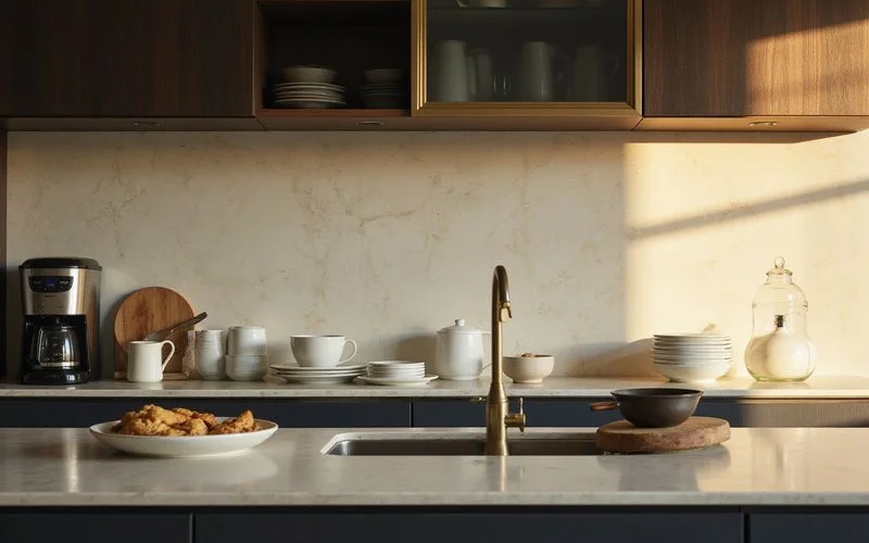 Furnished apartment kitchen stocked with cookware