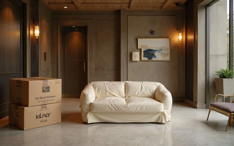 Furniture delivery boxes in a high rise hallway