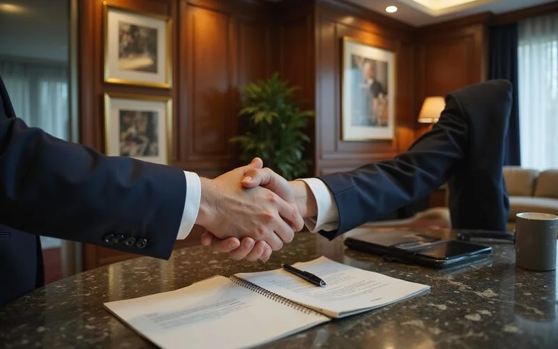 Handshake over a signed lease in a luxury leasing office
