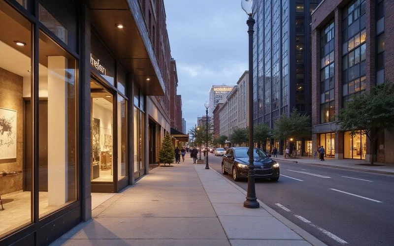 Hi Line Drive in the Design District with gallery storefronts and a residential tower