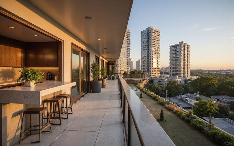 Residential towers on Hi Line Drive in the Design District at golden hour
