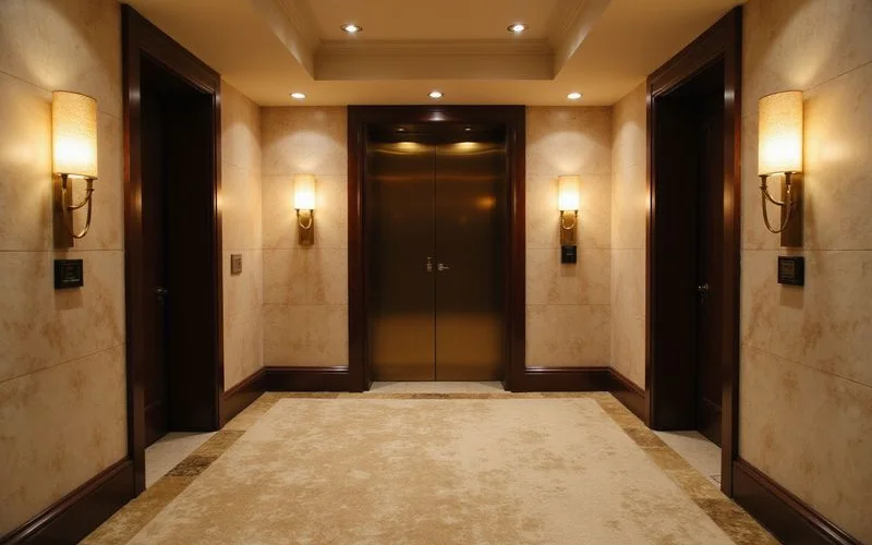 High rise hallway leading to the elevator bank