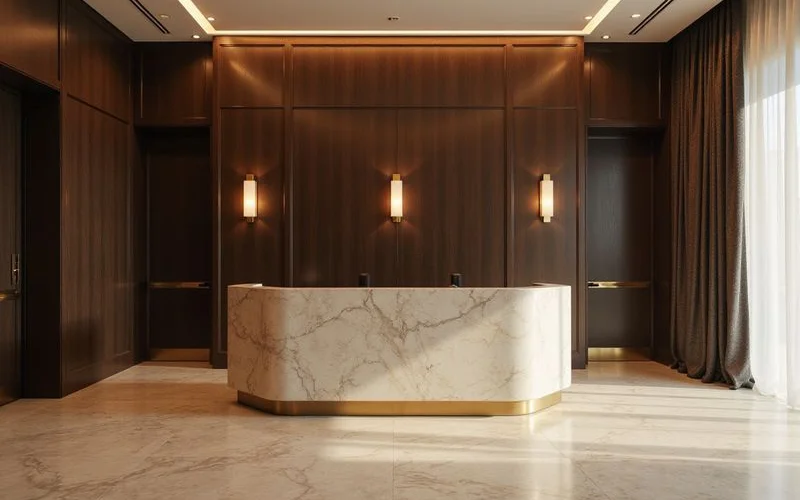 High rise lobby concierge desk with marble and dark wood