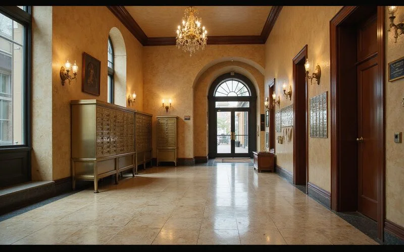 Historic lobby with terrazzo floors and original brass mailboxes