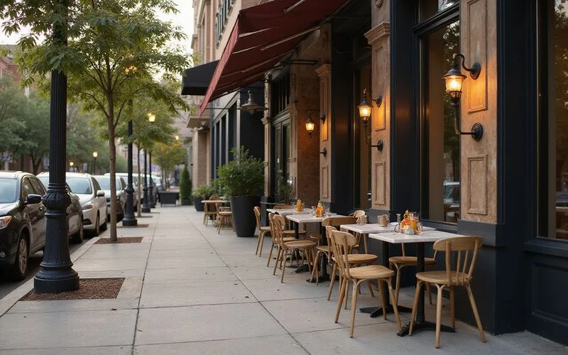 Knox Street sidewalk cafe with a boutique tower behind, warm evening light