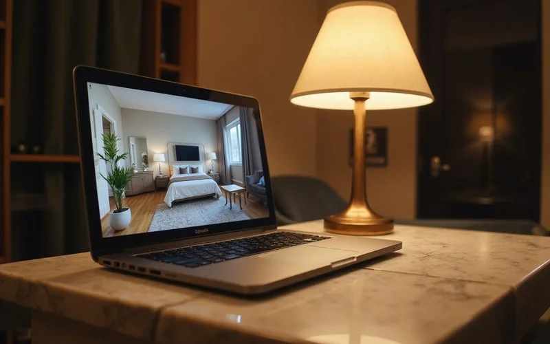 Laptop video tour on a hotel desk under warm lamp light