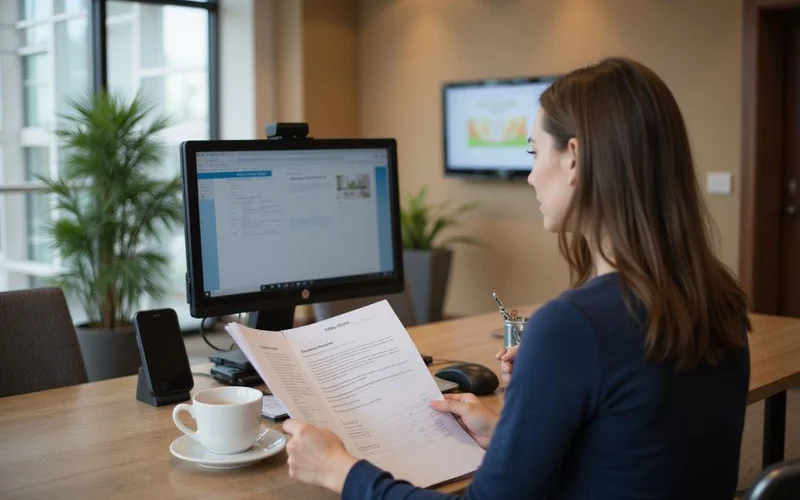 Leasing agent reviewing a rental application in a Dallas tower leasing office