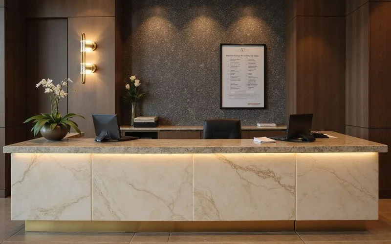 Leasing desk in a modern tower lobby with brass accents