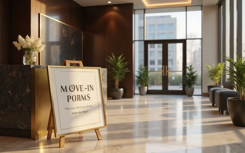 Concession signage in a modern Dallas high rise lobby