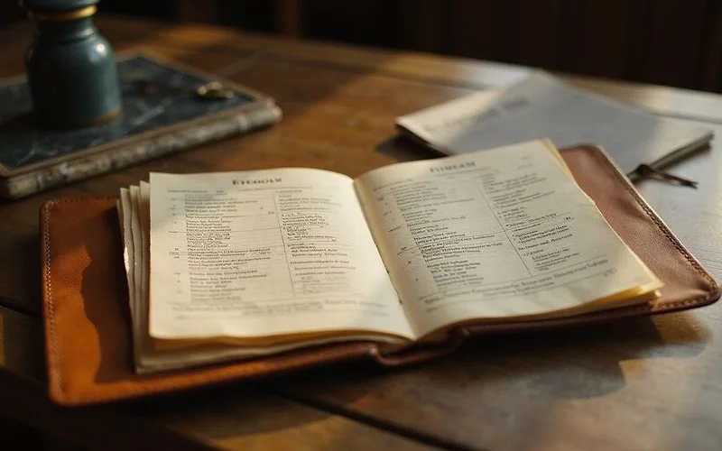 Leather folio and documents on a walnut desk