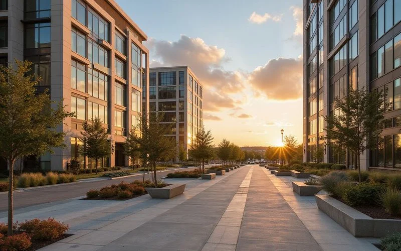 Legacy West corporate campus and residential towers at sunset