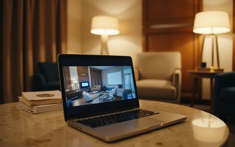 Live video tour of a Dallas high rise unit on a laptop in a hotel room
