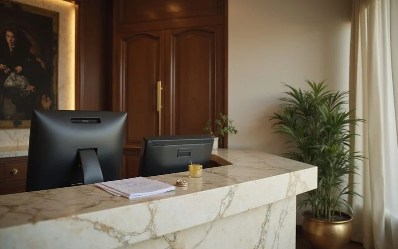 Luxury tower leasing office with application paperwork