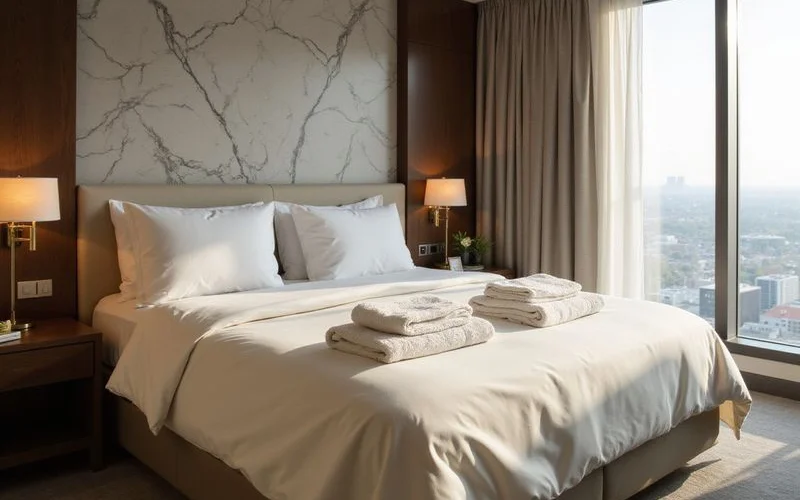 Made bed and folded towels in a furnished Dallas high rise bedroom