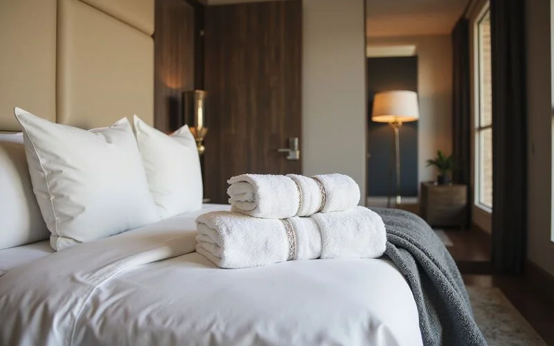Made bed and folded towels in a furnished unit