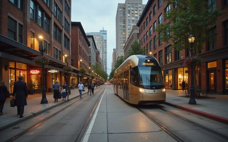 Main Street in Downtown Dallas with historic lofts at dusk