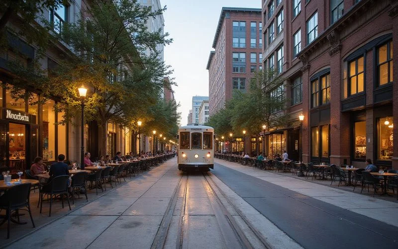 McKinney Avenue in Uptown with the M-Line trolley at dusk