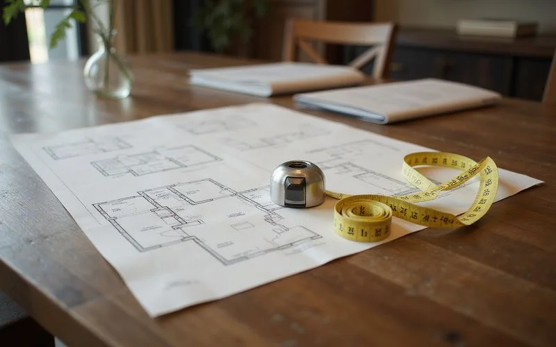 Measuring tape and floor plan on a walnut dining table