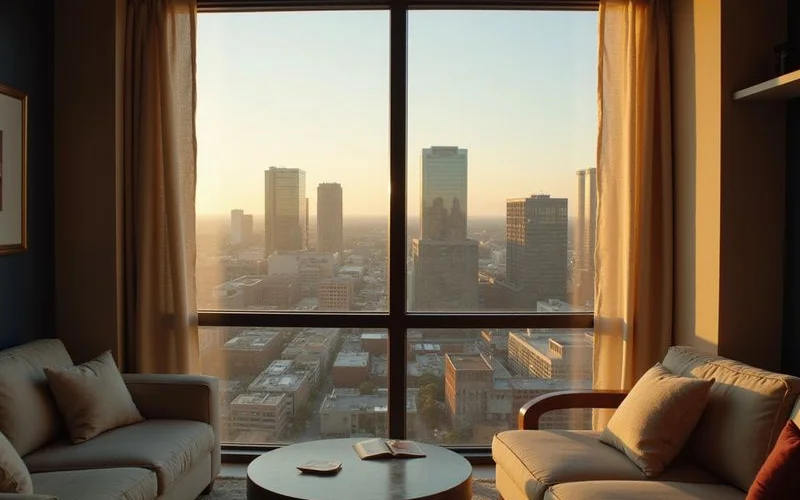 Mid-floor window view toward Downtown Dallas at golden hour