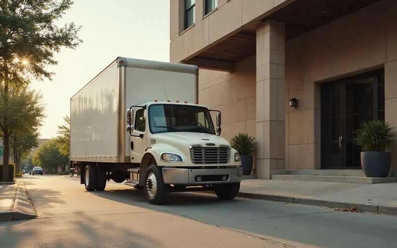 Moving truck outside a high rise loading dock on a summer morning