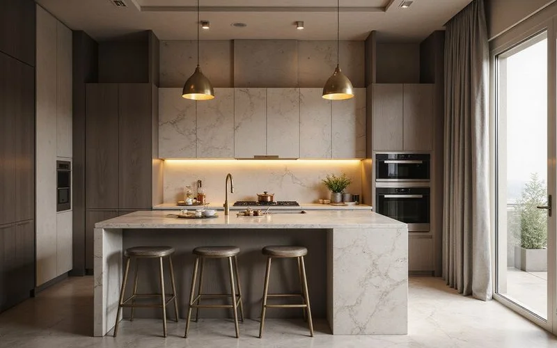 New Class A+ high rise kitchen with stone counters