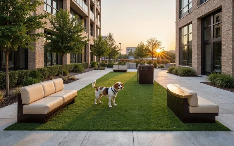 On-site dog run beside a Dallas residential tower