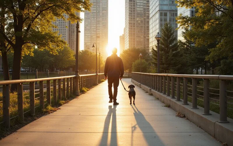 Owner walking a dog on the Katy Trail near Uptown Dallas towers