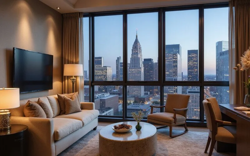 Penthouse primary suite with a Downtown Dallas skyline view at dusk