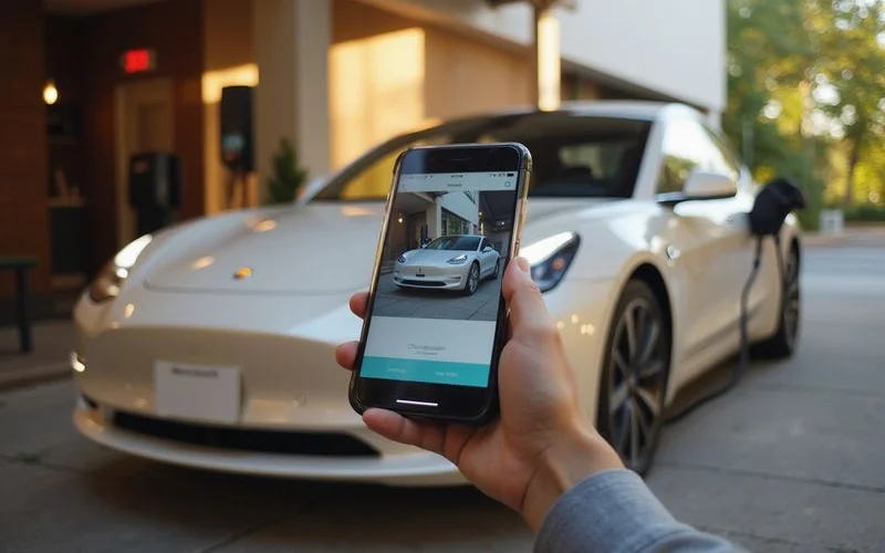 Charging app on a phone beside an electric car