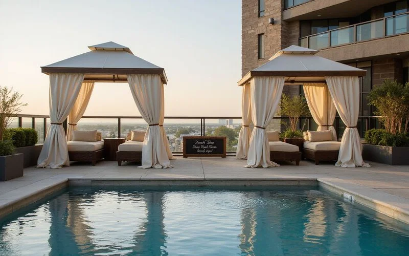 Pool rules sign beside cabanas on an amenity deck