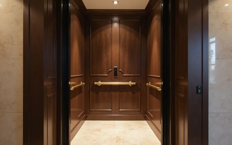 Private elevator vestibule with dark wood paneling