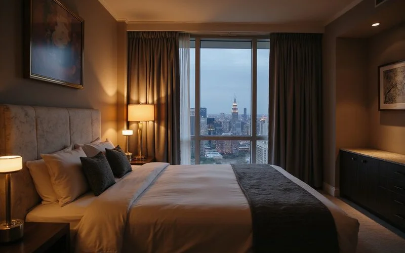 Quiet bedroom with heavy drapes and soft light