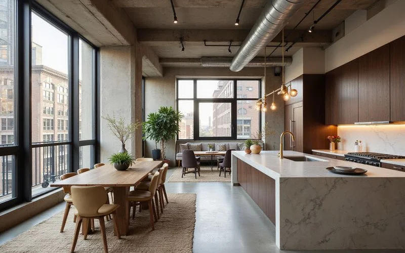 Renovated loft with concrete columns and tall windows